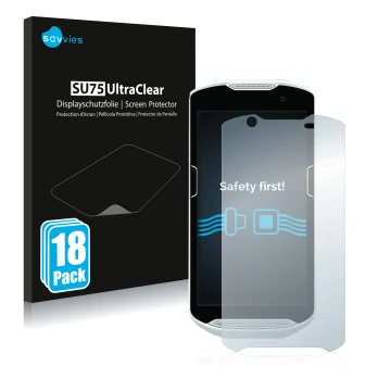 Parte frontale di una confezione del prodotto con il logo del marchio Savvies. Accanto è raffigurato il dispositivo Zebra TC52