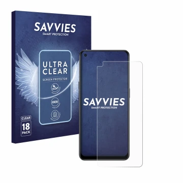 Parte frontale di una confezione del prodotto con il logo del marchio Savvies. Accanto è raffigurato il dispositivo Oppo Reno 