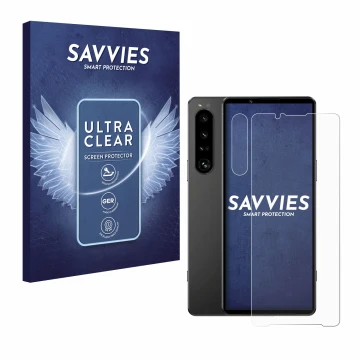 Parte frontale di una confezione del prodotto con il logo del marchio Savvies. Accanto è raffigurato il dispositivo Sony Xperi