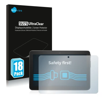 Parte frontale di una confezione del prodotto con il logo del marchio Savvies. Accanto è raffigurato il dispositivo Amazon Fir