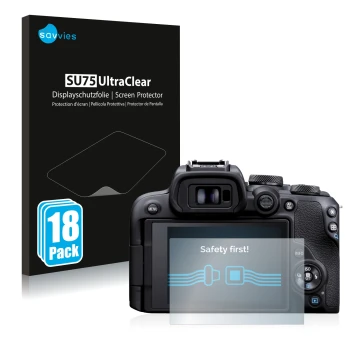 Parte frontale di una confezione del prodotto con il logo del marchio Savvies. Accanto è raffigurato il dispositivo Canon EOS 