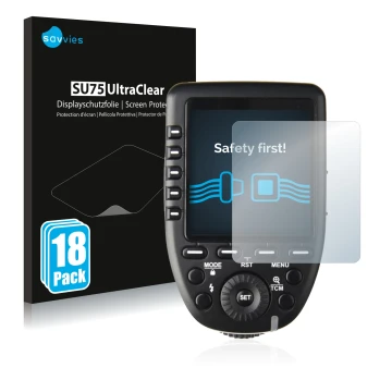 Parte frontale di una confezione del prodotto con il logo del marchio Savvies. Accanto è raffigurato il dispositivo Godox XPro