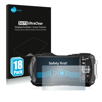 Parte frontale di una confezione del prodotto con il logo del marchio Savvies. Accanto è raffigurato il dispositivo Ricoh WG-8