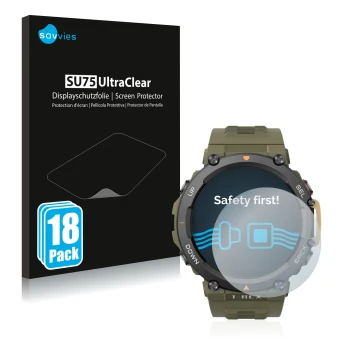 Parte frontale di una confezione del prodotto con il logo del marchio Savvies. Accanto è raffigurato il dispositivo Huami Amaz