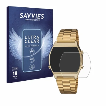 Parte frontale di una confezione del prodotto con il logo del marchio Savvies. Accanto è raffigurato il dispositivo Casio Retr