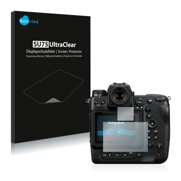 Parte frontale di una confezione del prodotto con il logo del marchio Savvies. Accanto è raffigurato il dispositivo Nikon Z 9 