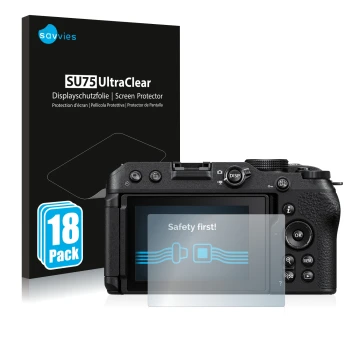 Parte frontale di una confezione del prodotto con il logo del marchio Savvies. Accanto è raffigurato il dispositivo Nikon Z 30