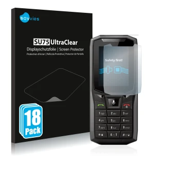 Parte frontale di una confezione del prodotto con il logo del marchio Savvies. Accanto è raffigurato il dispositivo Crosscall 