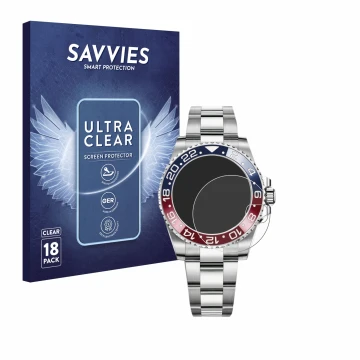 Parte frontale di una confezione del prodotto con il logo del marchio Savvies. Accanto è raffigurato il dispositivo Rolex GMT-