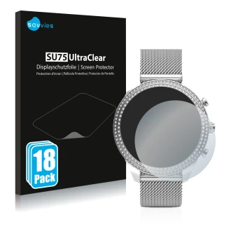 Parte frontale di una confezione del prodotto con il logo del marchio Savvies. Accanto è raffigurato il dispositivo Fossil Ste