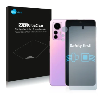 Parte frontale di una confezione del prodotto con il logo del marchio Savvies. Accanto è raffigurato il dispositivo Xiaomi 12 