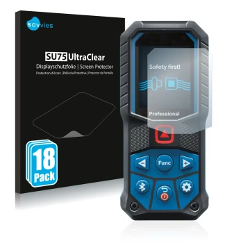 Parte frontale di una confezione del prodotto con il logo del marchio Savvies. Accanto è raffigurato il dispositivo Bosch GLM 