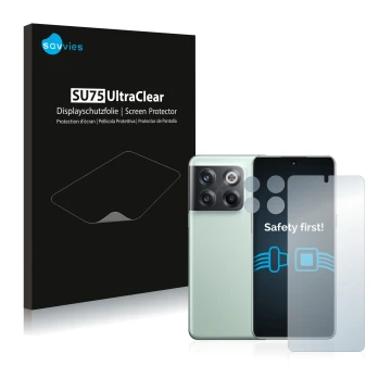 Parte frontale di una confezione del prodotto con il logo del marchio Savvies. Accanto è raffigurato il dispositivo OnePlus 10