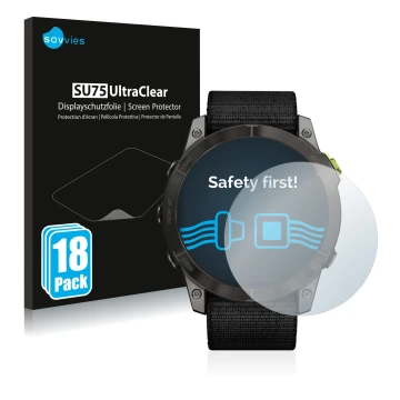 Parte frontale di una confezione del prodotto con il logo del marchio Savvies. Accanto è raffigurato il dispositivo Garmin End