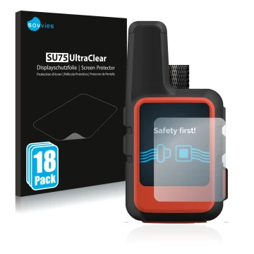 Parte frontale di una confezione del prodotto con il logo del marchio Savvies. Accanto è raffigurato il dispositivo Garmin inR