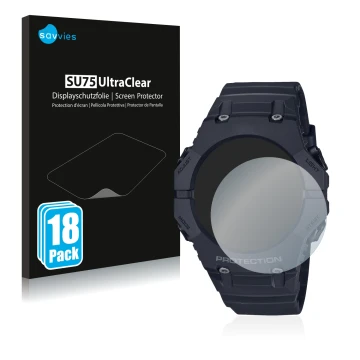 Parte frontale di una confezione del prodotto con il logo del marchio Savvies. Accanto è raffigurato il dispositivo Casio G-Sh