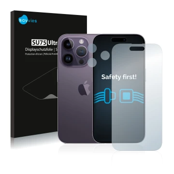 Parte frontale di una confezione del prodotto con il logo del marchio Savvies. Accanto è raffigurato il dispositivo Apple iPho