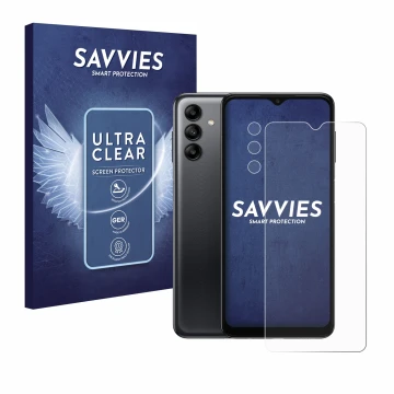 Parte frontale di una confezione del prodotto con il logo del marchio Savvies. Accanto è raffigurato il dispositivo Samsung Ga