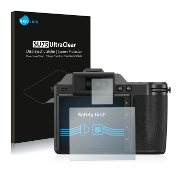 Parte frontale di una confezione del prodotto con il logo del marchio Savvies. Accanto è raffigurato il dispositivo Fujifilm X