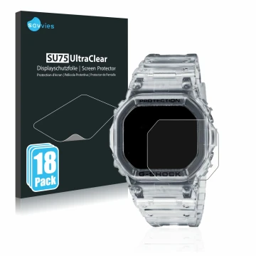 Parte frontale di una confezione del prodotto con il logo del marchio Savvies. Accanto è raffigurato il dispositivo Casio G-Sh