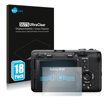 Parte frontale di una confezione del prodotto con il logo del marchio Savvies. Accanto è raffigurato il dispositivo Sony Alpha