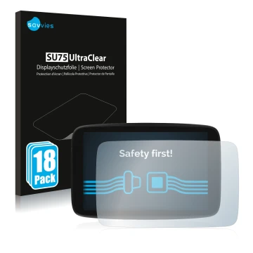 Parte frontale di una confezione del prodotto con il logo del marchio Savvies. Accanto è raffigurato il dispositivo TomTom GO 