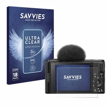 Parte frontale di una confezione del prodotto con il logo del marchio Savvies. Accanto è raffigurato il dispositivo Sony ZV-1F