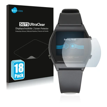 Parte frontale di una confezione del prodotto con il logo del marchio Savvies. Accanto è raffigurato il dispositivo Casio LW-2