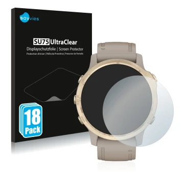 Parte frontale di una confezione del prodotto con il logo del marchio Savvies. Accanto è raffigurato il dispositivo Garmin Fen