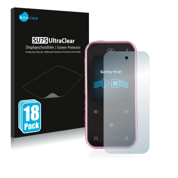 Parte frontale di una confezione del prodotto con il logo del marchio Savvies. Accanto è raffigurato il dispositivo Vtech Kidi