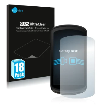 Parte frontale di una confezione del prodotto con il logo del marchio Savvies. Accanto è raffigurato il dispositivo Garmin Edg