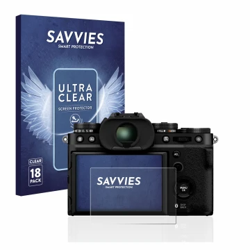 Parte frontale di una confezione del prodotto con il logo del marchio Savvies. Accanto è raffigurato il dispositivo Fujifilm X