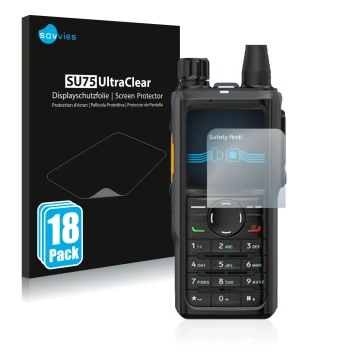 Parte frontale di una confezione del prodotto con il logo del marchio Savvies. Accanto è raffigurato il dispositivo Hytera HP 
