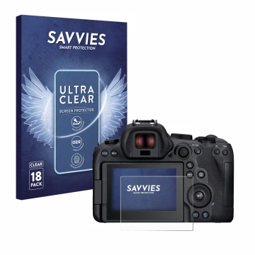 Parte frontale di una confezione del prodotto con il logo del marchio Savvies. Accanto è raffigurato il dispositivo Canon EOS 