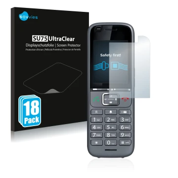 Parte frontale di una confezione del prodotto con il logo del marchio Savvies. Accanto è raffigurato il dispositivo Gigaset S7