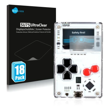 Parte frontale di una confezione del prodotto con il logo del marchio Savvies. Accanto è raffigurato il dispositivo Arduboy FX