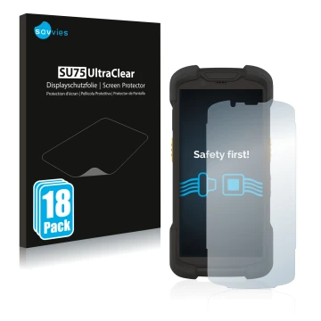 Parte frontale di una confezione del prodotto con il logo del marchio Savvies. Accanto è raffigurato il dispositivo Zebra TC73