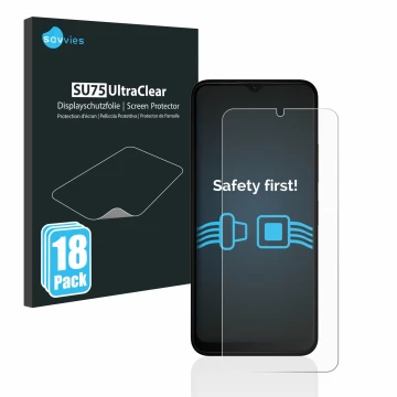 Parte frontale di una confezione del prodotto con il logo del marchio Savvies. Accanto è raffigurato il dispositivo Nokia C32 