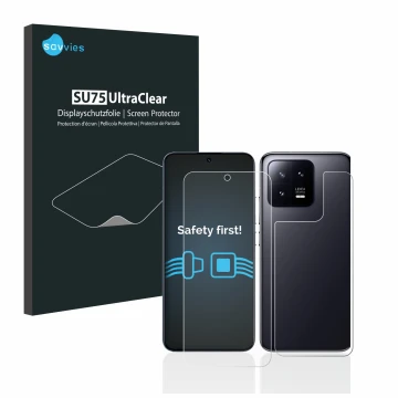 Parte frontale di una confezione del prodotto con il logo del marchio Savvies. Accanto è raffigurato il dispositivo Xiaomi 13 