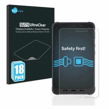 Parte frontale di una confezione del prodotto con il logo del marchio Savvies. Accanto è raffigurato il dispositivo Samsung Ga