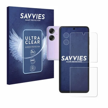 Parte frontale di una confezione del prodotto con il logo del marchio Savvies. Accanto è raffigurato il dispositivo Oppo Find 