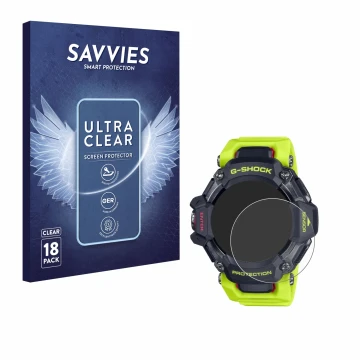 Parte frontale di una confezione del prodotto con il logo del marchio Savvies. Accanto è raffigurato il dispositivo Casio G-Sh