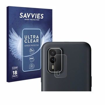 Parte frontale di una confezione del prodotto con il logo del marchio Savvies. Accanto è raffigurato il dispositivo Nokia XR21