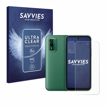 Parte frontale di una confezione del prodotto con il logo del marchio Savvies. Accanto è raffigurato il dispositivo Nokia XR21