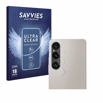 Parte frontale di una confezione del prodotto con il logo del marchio Savvies. Accanto è raffigurato il dispositivo Sony Xperi