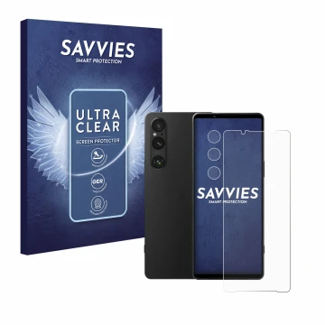 Parte frontale di una confezione del prodotto con il logo del marchio Savvies. Accanto è raffigurato il dispositivo Sony Xperi