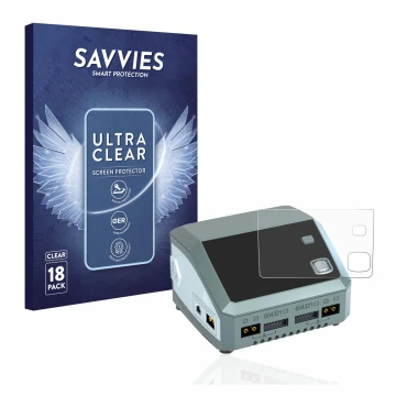 Parte frontale di una confezione del prodotto con il logo del marchio Savvies. Accanto è raffigurato il dispositivo SkyRc D200