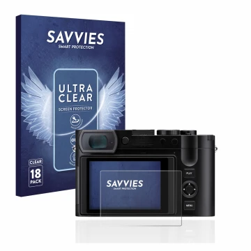 Parte frontale di una confezione del prodotto con il logo del marchio Savvies. Accanto è raffigurato il dispositivo Leica Q3 c
