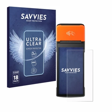 Parte frontale di una confezione del prodotto con il logo del marchio Savvies. Accanto è raffigurato il dispositivo Sunmi V2 P