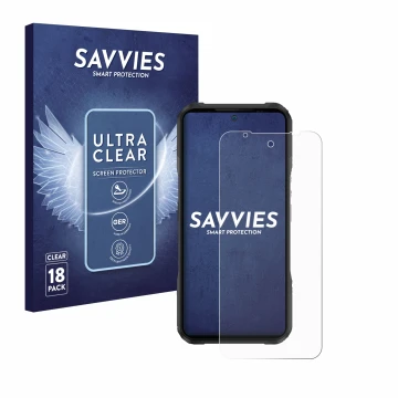 Parte frontale di una confezione del prodotto con il logo del marchio Savvies. Accanto è raffigurato il dispositivo Doogee V20